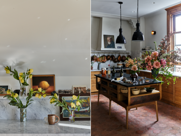 Left: The seven stems of fritillaria are displayed in three tea glasses on various levels. They complement the painting of a lemon in the background anda, by being displayed separately, make a stronger impression. Right: The copper pots of this New York City loft inspire two dramatic arrangements dominated by assorted Itoh peonies. They are paired with the bell-like blossoms of the martagon lily and, in the larger arrangement, joined by Polkadot Series foxgloves and framed by the blooming burgundy branches of the physocarpus, or ninebark. Clematis vines balance all that height, but it’s the peonies that dominate.