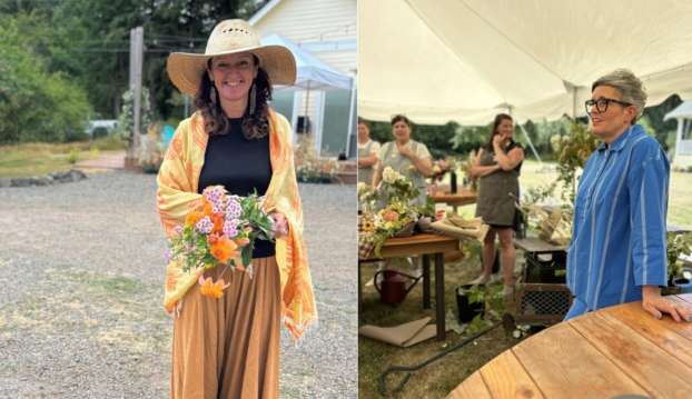 Stacy Marshall (left) and Rachel Wardley (right) at Petal & Pitchfork Farm in Poulsbo, Washington